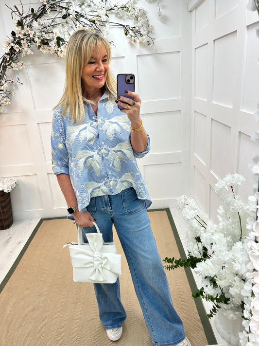 Jessica: Blue & gold embroidered shirt. One Size: 12-16