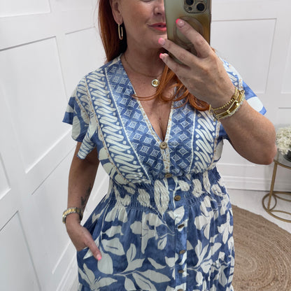 Jazmin: Blue & ivory stretchy V neck maxi dress. One size: 10-20