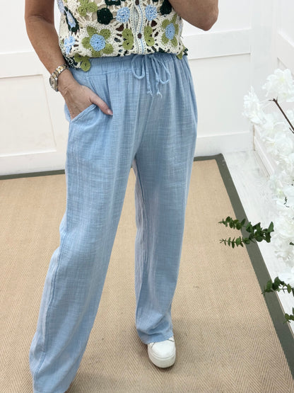 Tori: Soft blue cotton wide leg trousers. One size: 8-16