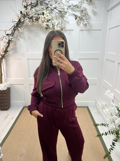 Trudy (Short): Burgundy stretchy wide leg pocket trousers. One size: 10-16