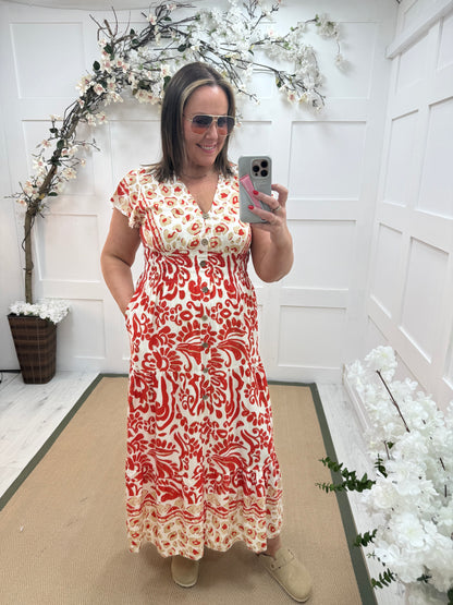 Poppy: Red V neck stretchy maxi dress. One size: 10-20