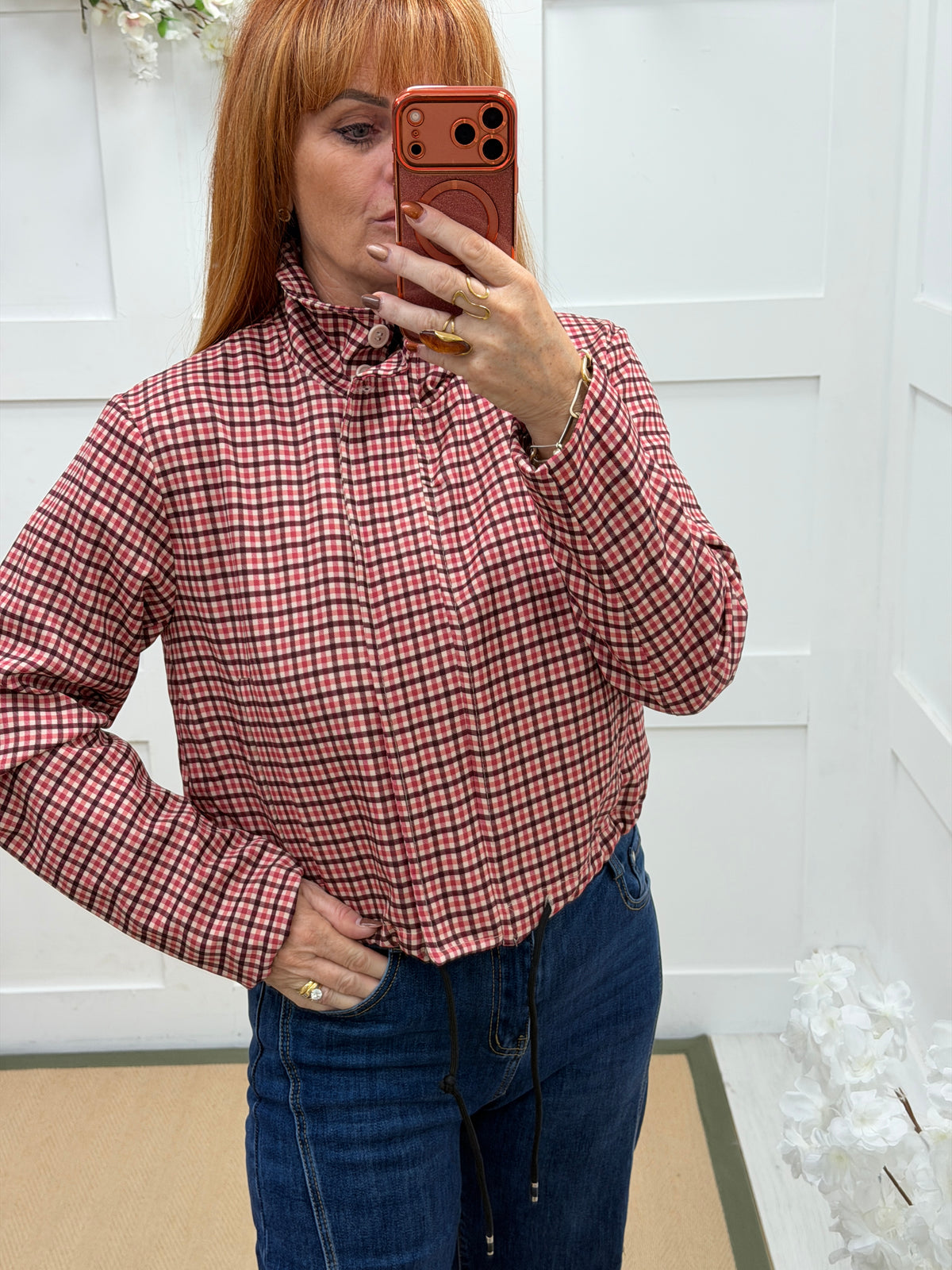 Emmie: Check funnel neck bomber jacket. One size 10-16. 2 colours