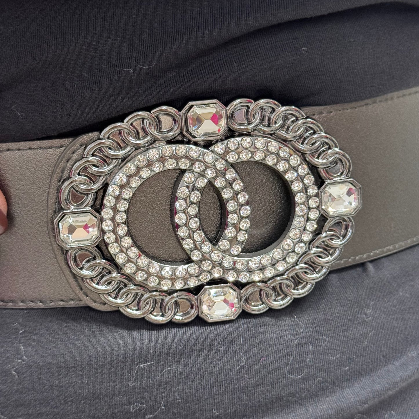 Clare: Large rhinestone oval buckle belt. One size