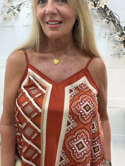 Tilly: Silky geometric printed V neck top. One size 10-16. 3 colours