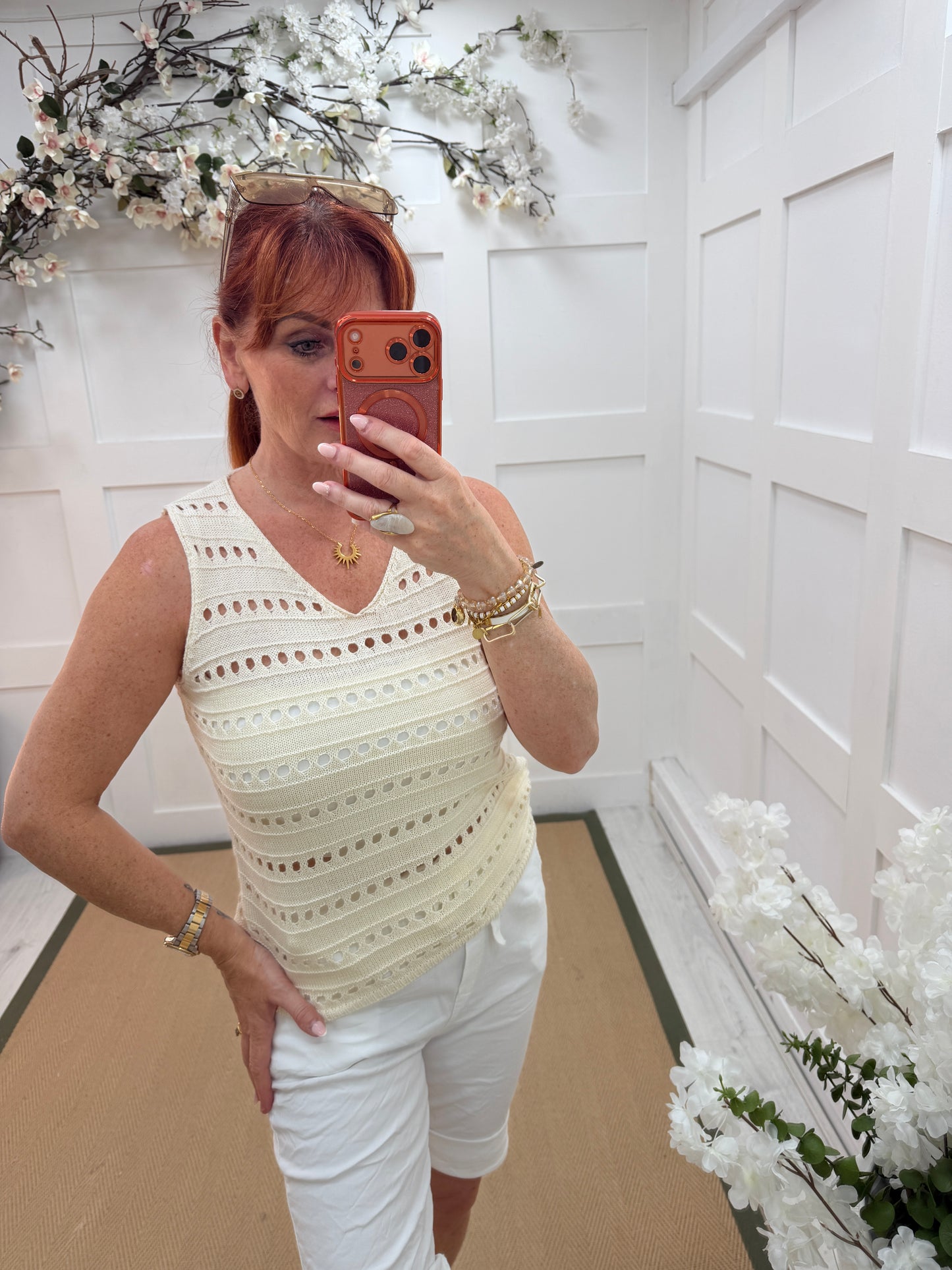 Harlow: Sleeveless holey top. One Sz: 10-16. 3 colours