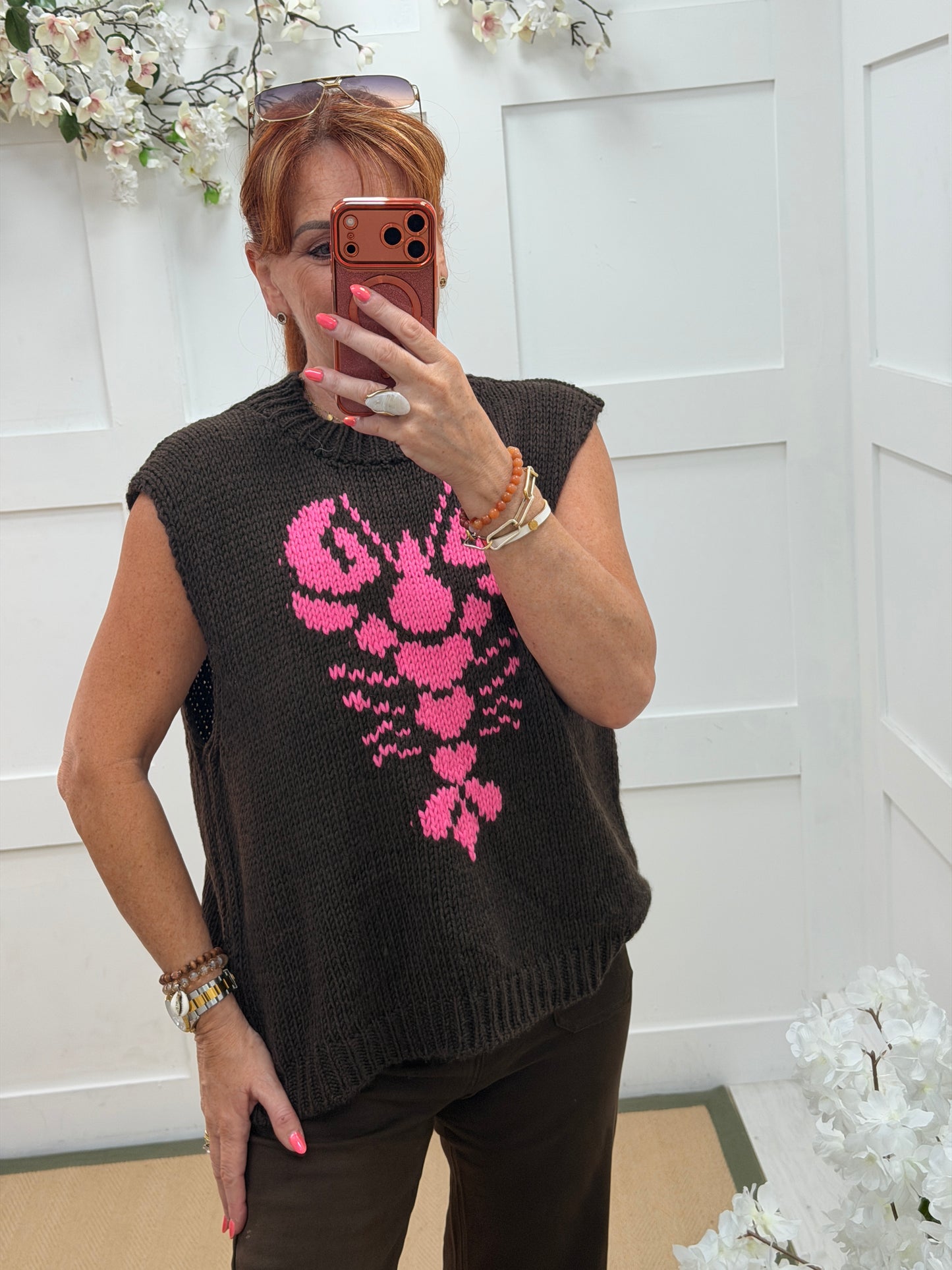 Larrie: Sleeveless lobster soft knit top. One size: 14-18. 2 colours