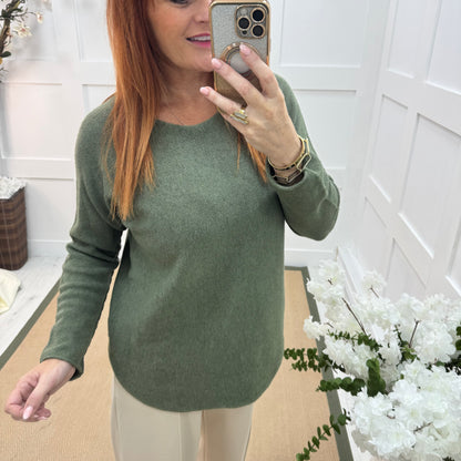 Mindy: Khaki plain long sleeve knit top. One size: 10-16/18