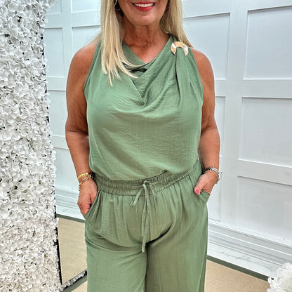 Melissa: Green cowl neck top & trouser co-ord set. One size: 12-18