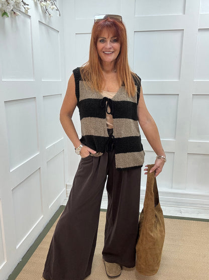 Ava: Black & mocha stripe knitted tie front waistcoat. One size: 12-18
