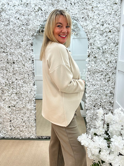 Phoebe: Taupe over lay front oversized top . One size: 14-18