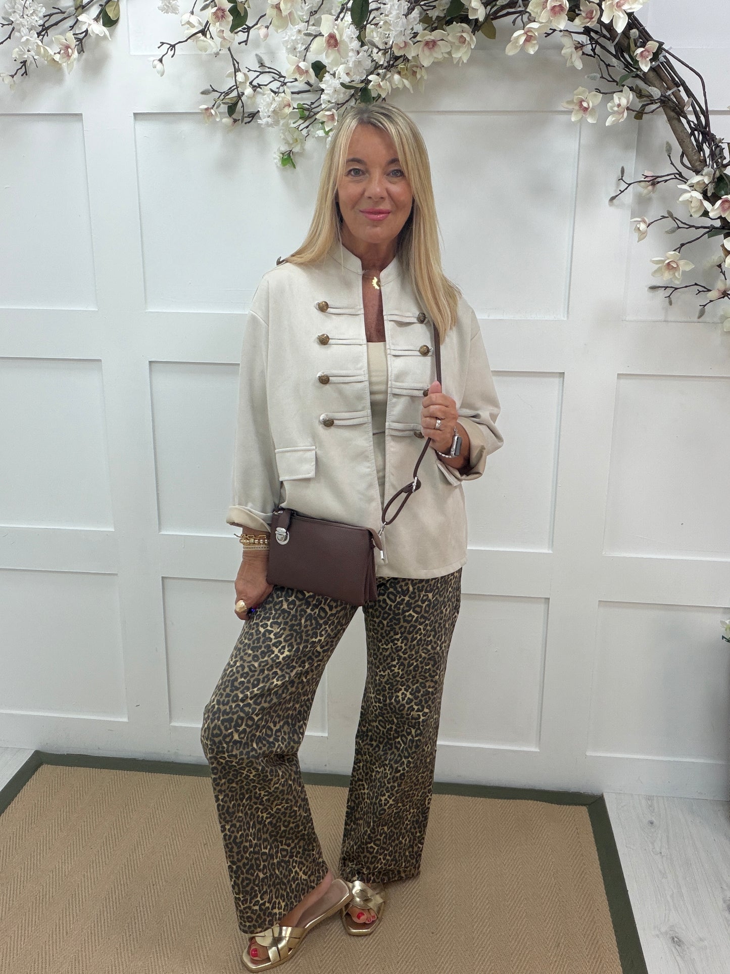 Polly: Leopard print wide leg jeans. Sizes: 8-18