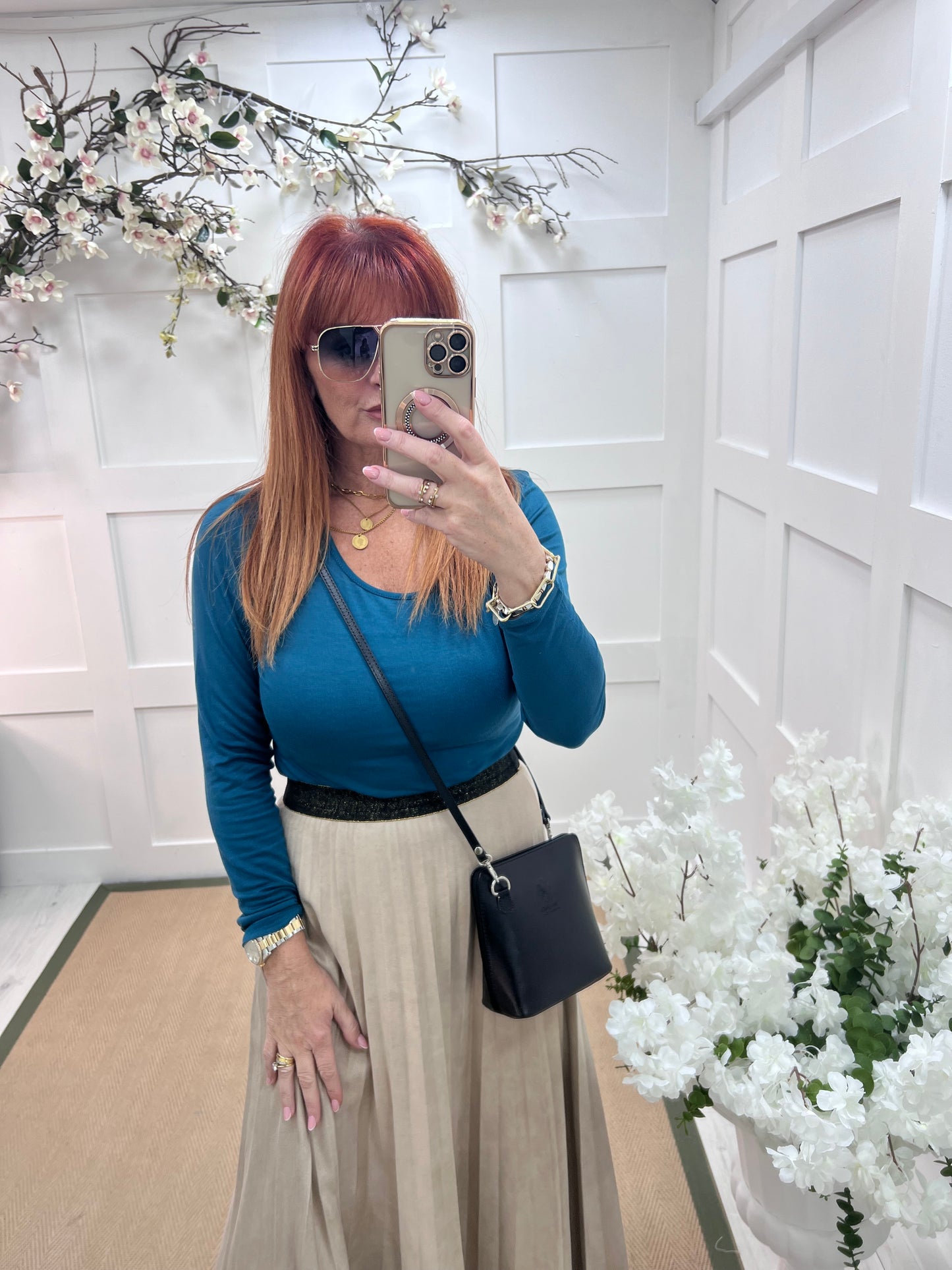 Bessie: Teal basic long sleeve top. One size: 10-16/18