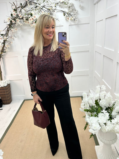 Rhianna: Burgundy velvet leopard print mesh top. One Sz: 10-16