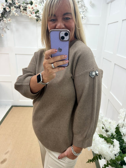 Nikita: Mocha cashmere rhinestone top. One Sz: 12-18