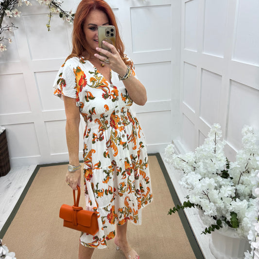Emmy: White & orange stretchy V neck midi dress. One size: 10-20