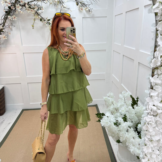 Pixi: Green layered knee length dress. One size 10-16