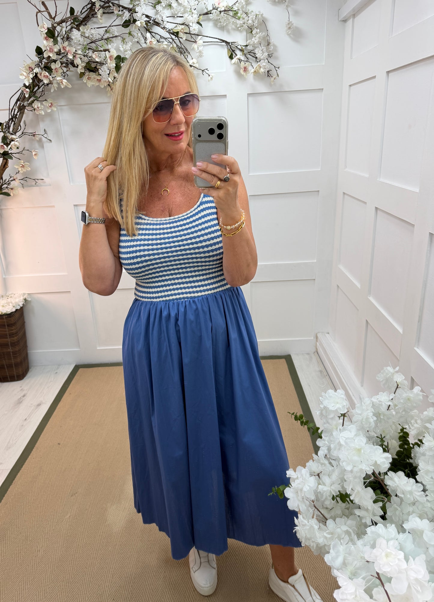 Sofia: Stripe knit midi dress. Sizes: 10-16. 3 colours