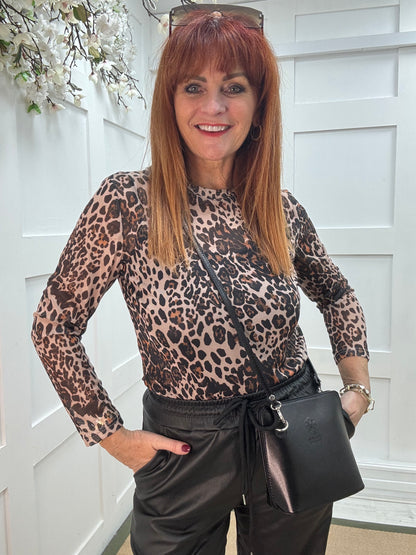 Pamela: Brown leopard print sheer mesh top. 12-18