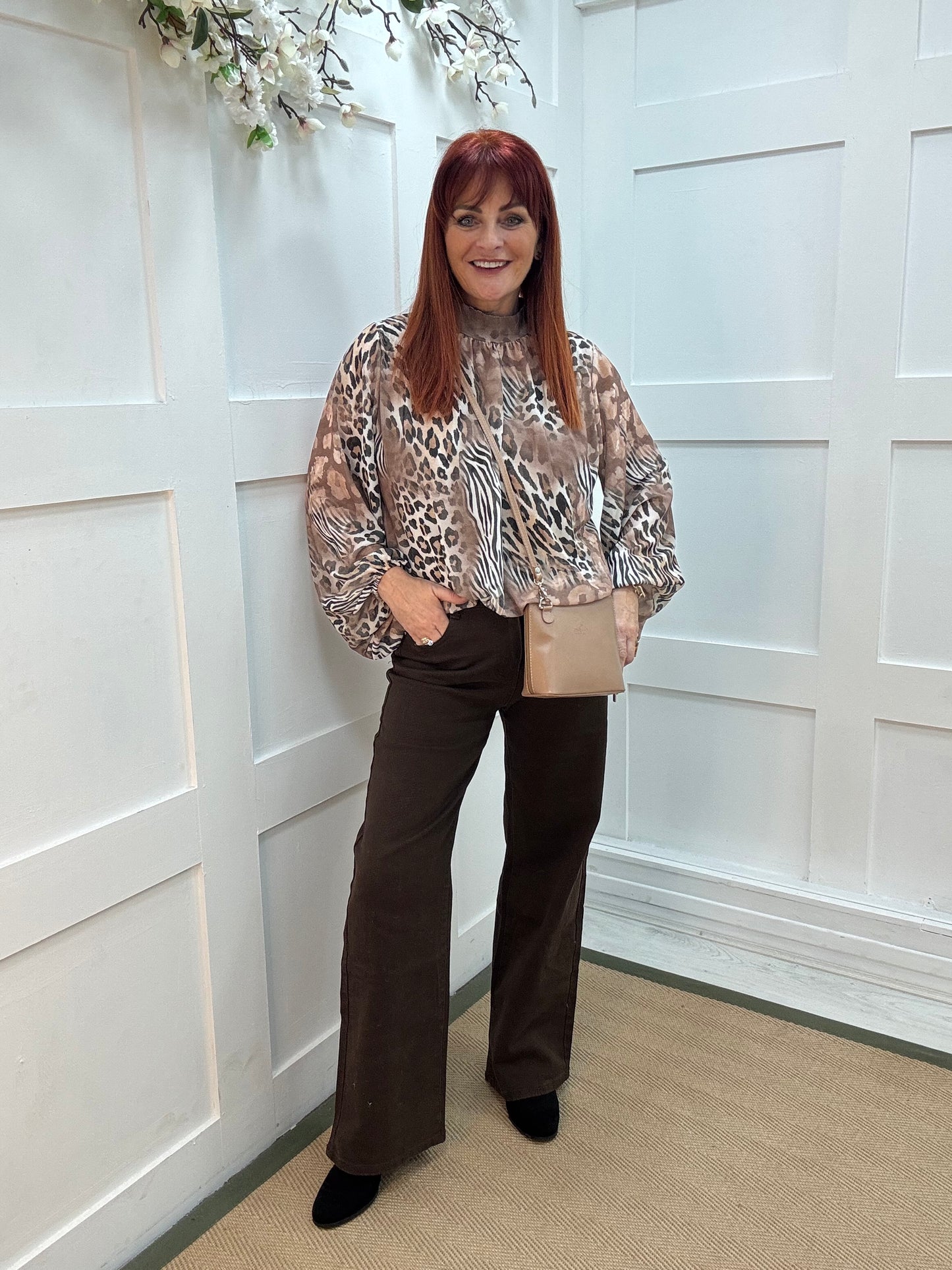 Lydia: Camel mixed animal print blouse. One size: 10-16