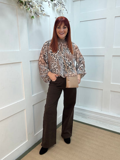 Lydia: Camel mixed animal print blouse. One size: 10-16