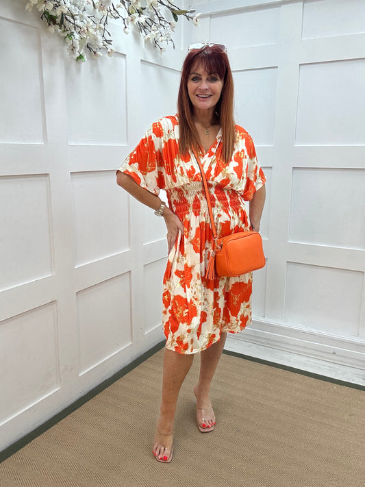 Dixi: Orange & cream stretchy midi wrap dress. One size 12-22