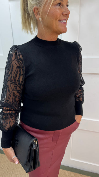 Alora: Black crochet balloon sleeve top. 3 sizes.