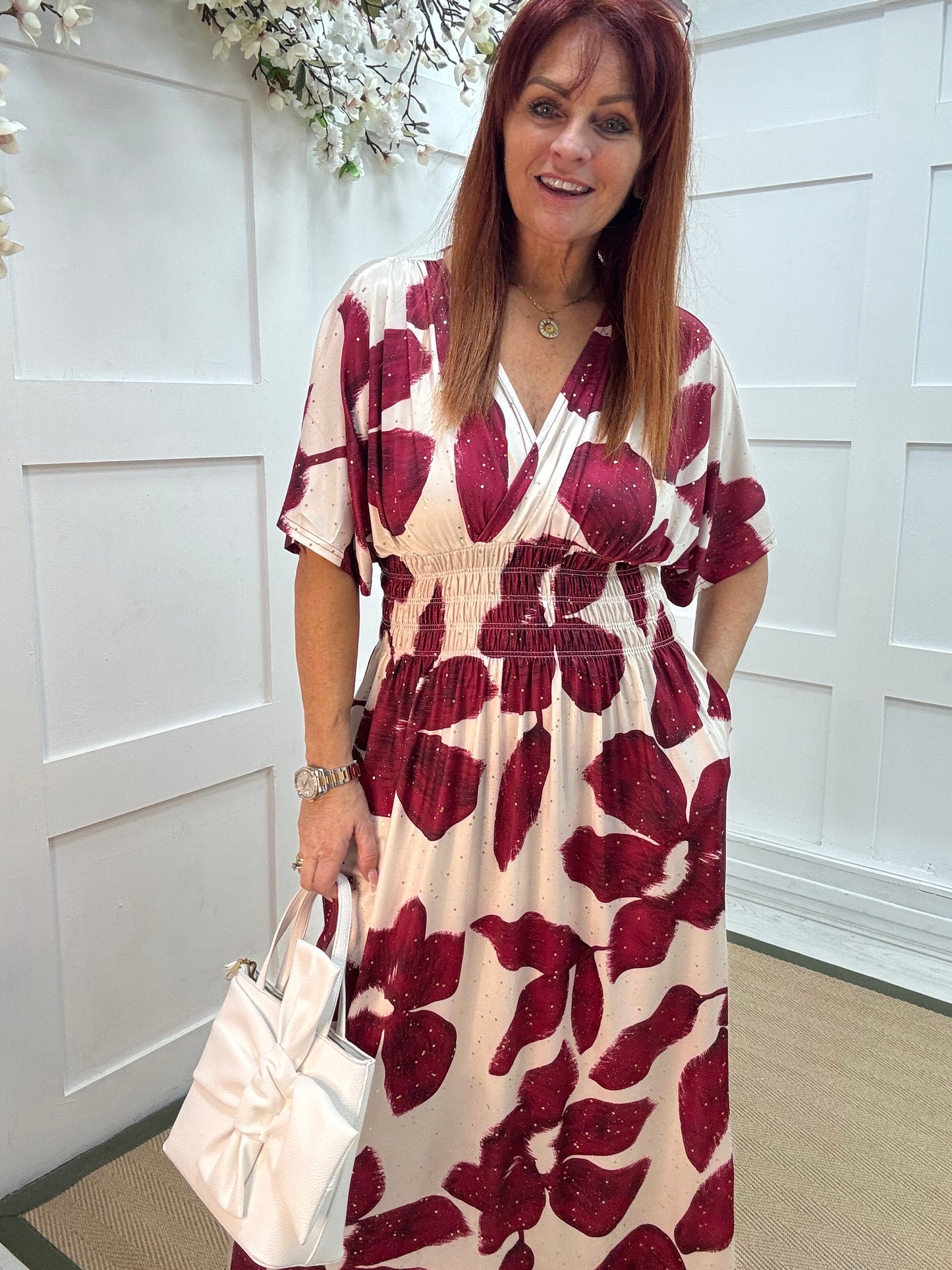 Eva: Stretchy wine & Ivory leaf maxi dress. One size 12-22