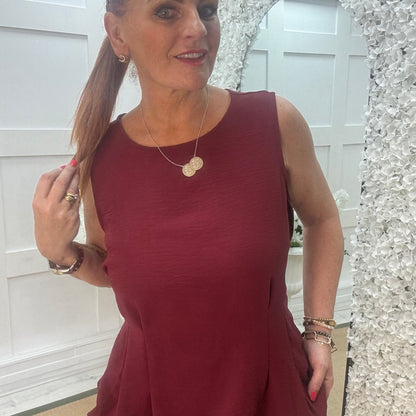 Maisie: Burgundy tie waist peplum top. One size: 14-18