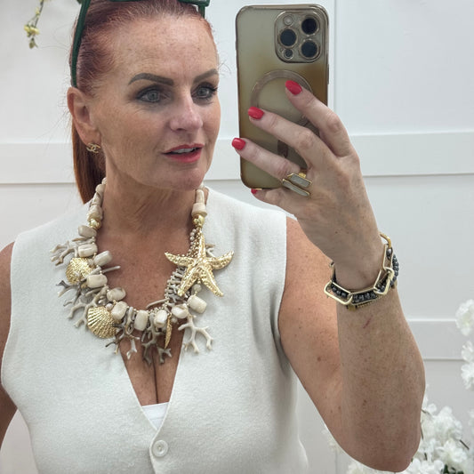 Anais: Chunky cream coral & gold starfish necklace