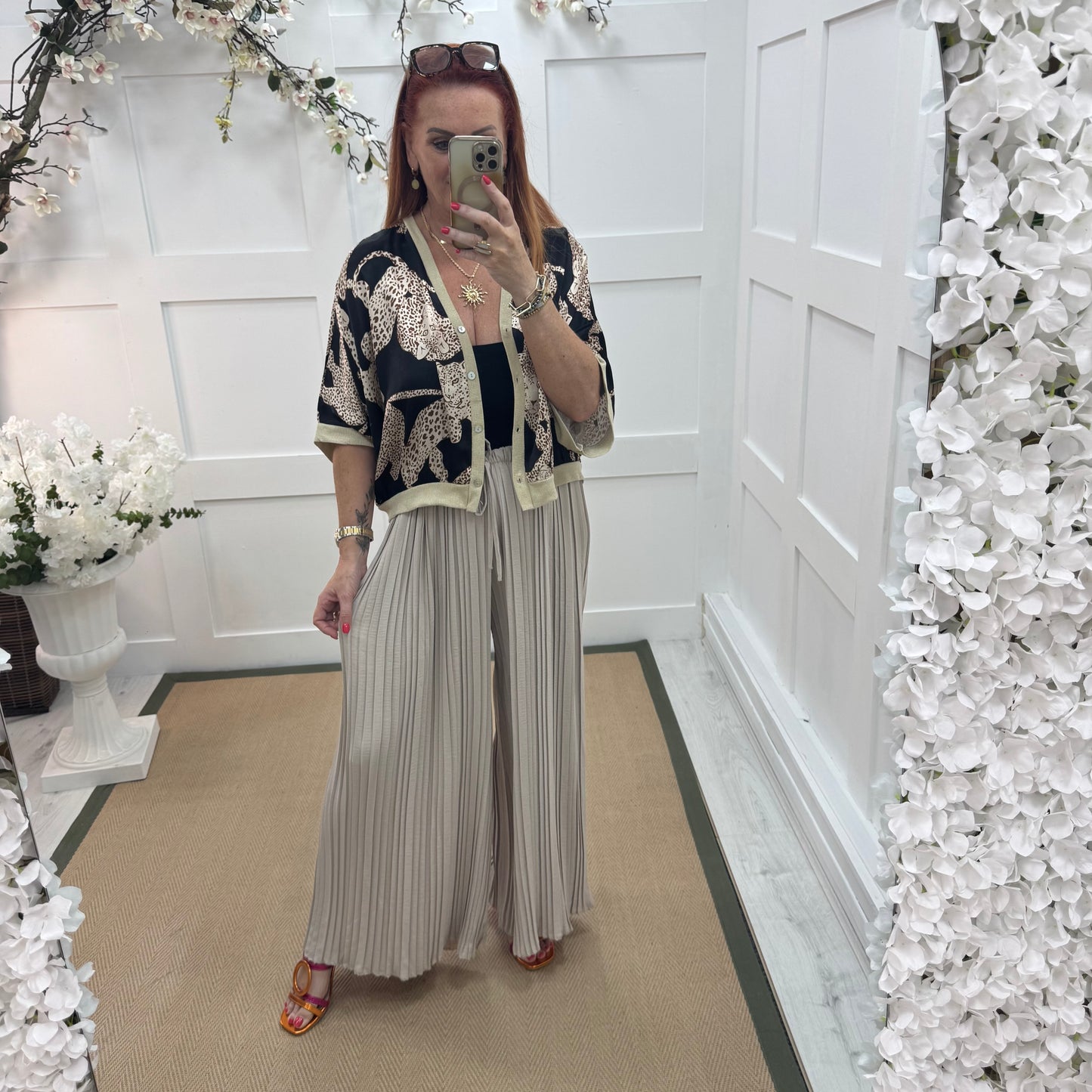 Payton: Cream pleated wide leg trousers. One size: 12-22/24