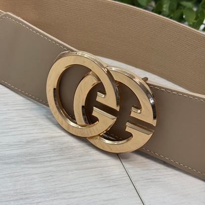 Calla: Beige gold GG buckle wide belt. One size: 8-16