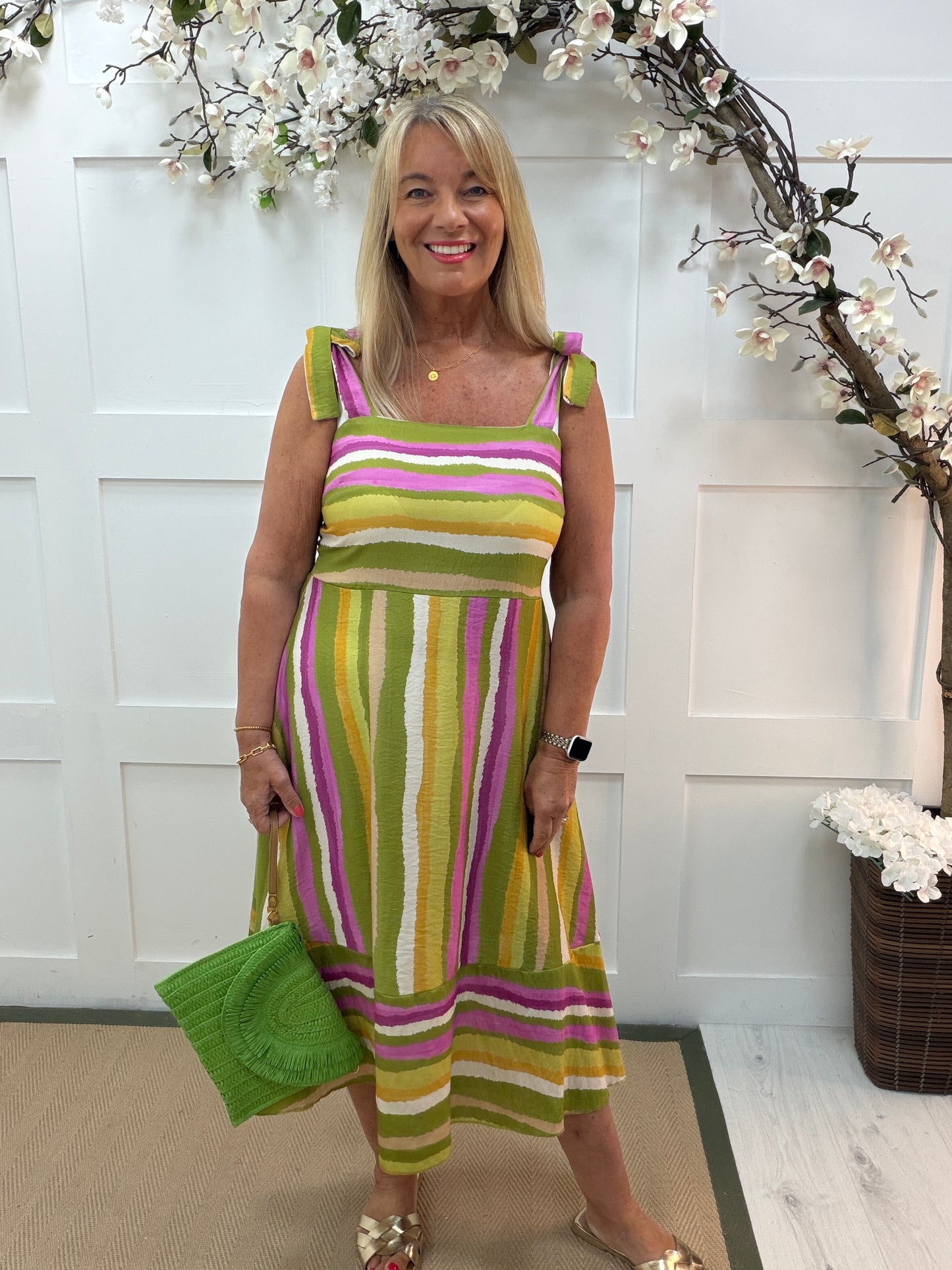 Sonia: Green striped midi dress with tie straps. One size: 10-16