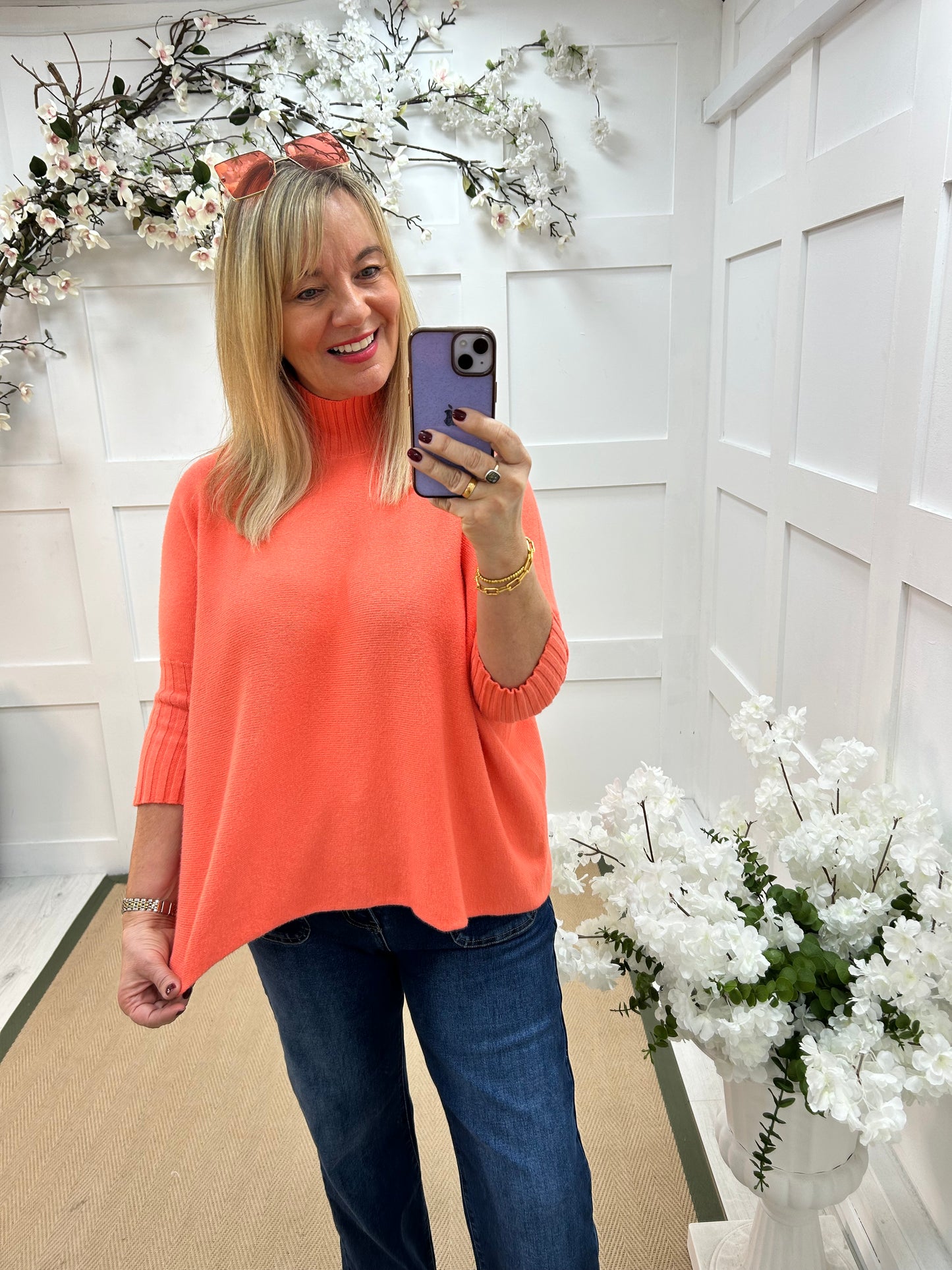 Sammie: Coral high neck knitted top. One Sz: 12-18