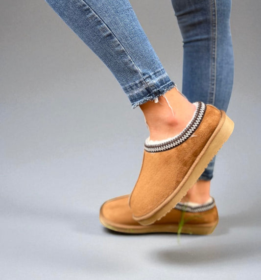 Tara: Chestnut embroidered mule slippers. Sizes: 3-8