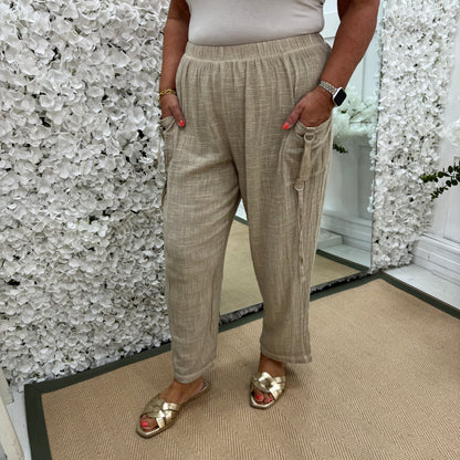 Skylar: Stone Made in Italy cotton trousers. Sizes: 16-20