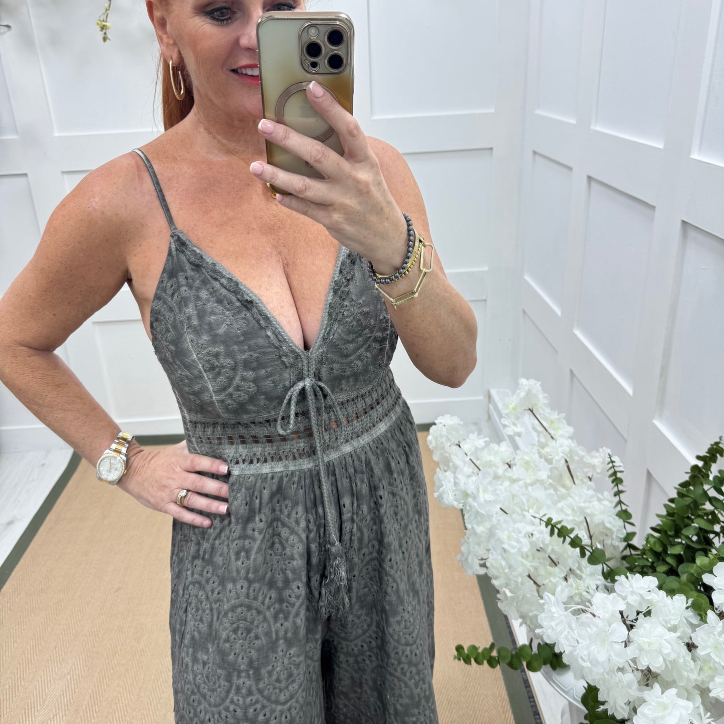 Bria: Grey broderie Anglaise strappy jumpsuit. One size: 10-14