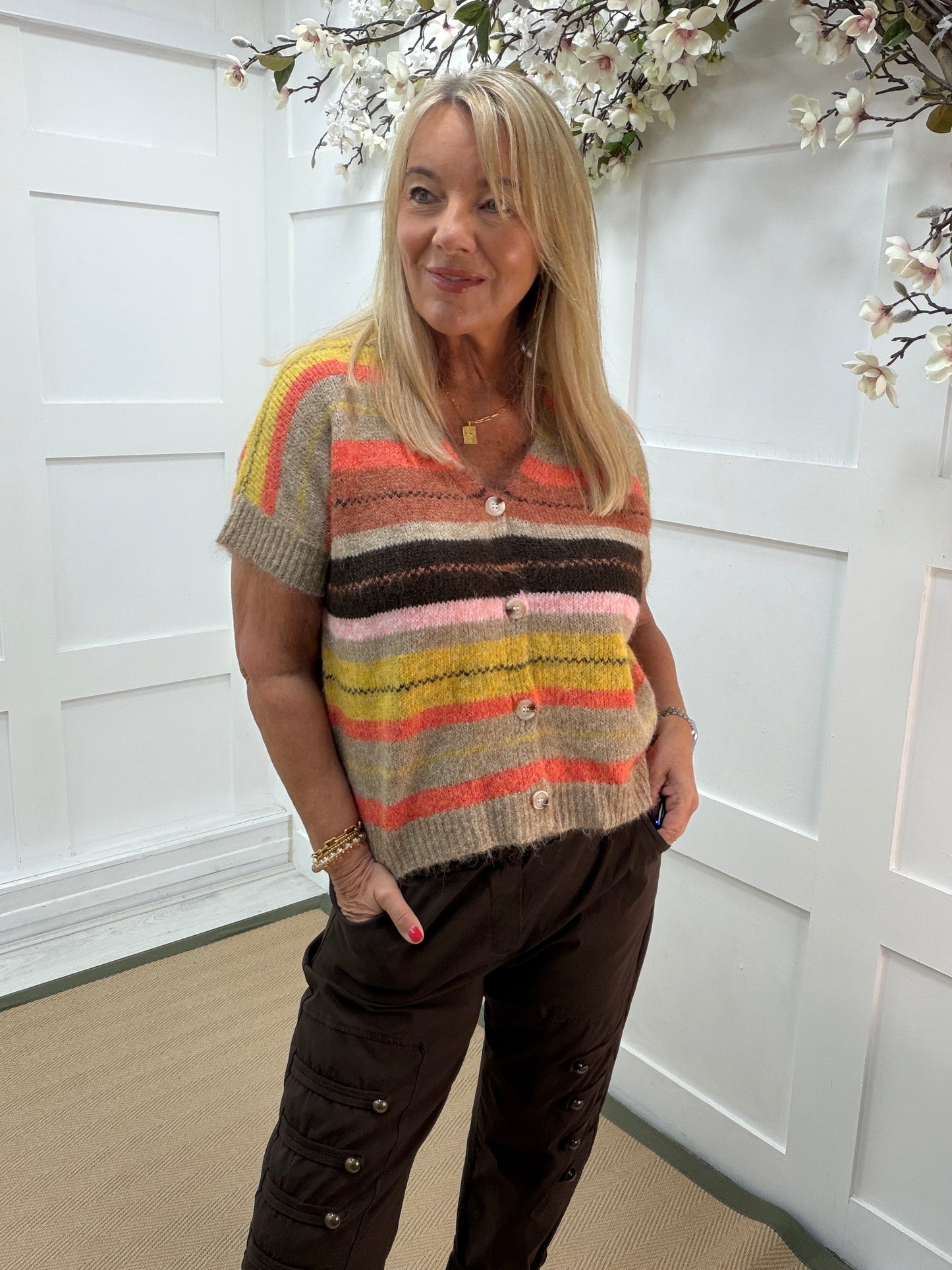 Katie: Multicoloured stripe knit waistcoat. One size: 12-18