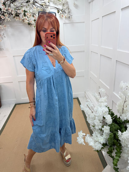 April: Floral embroidered belted midi dress. One size: 10-16. 3 colours