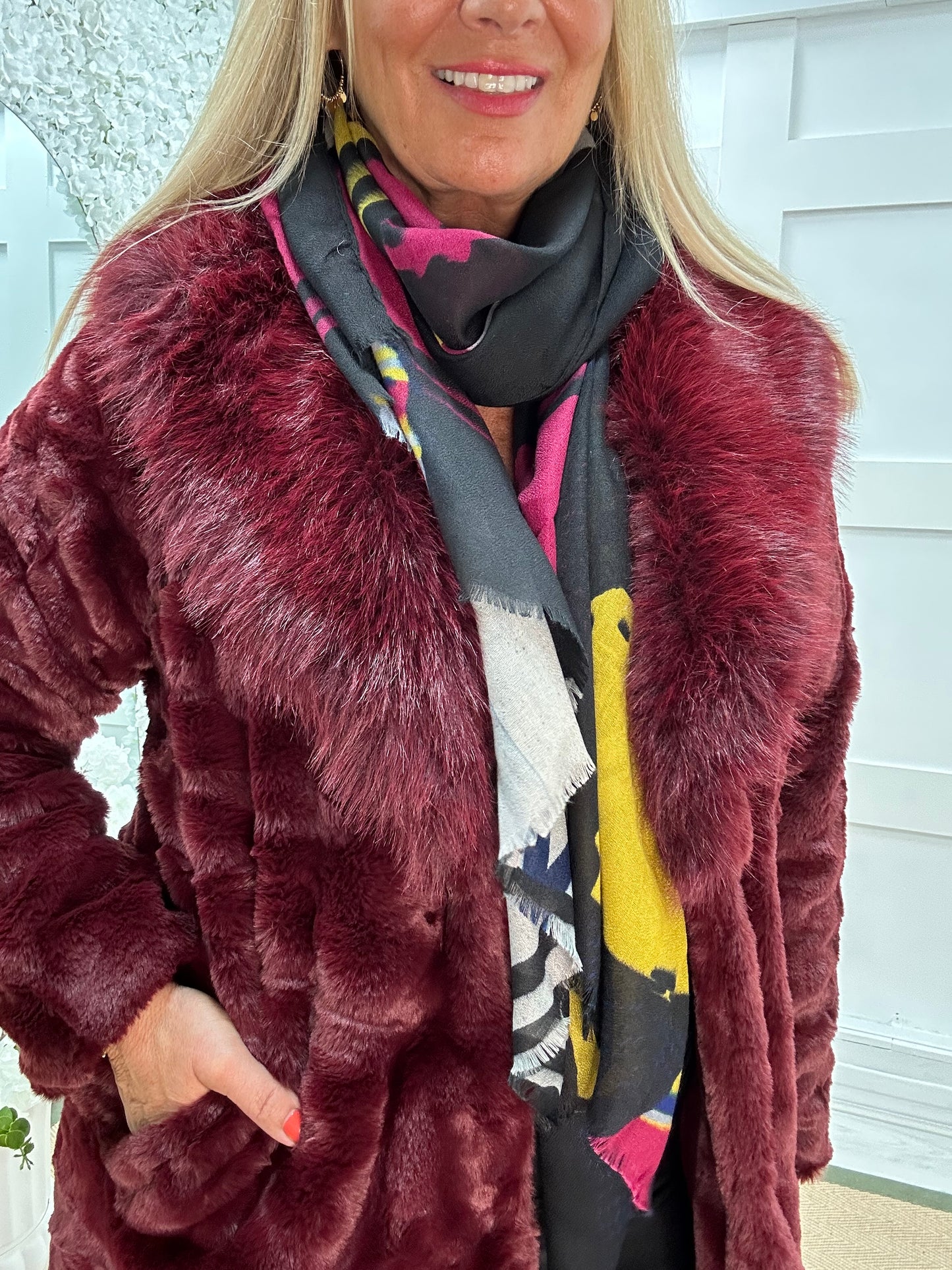 Madeleine: Burgundy long faux fur coat . One size 12-18