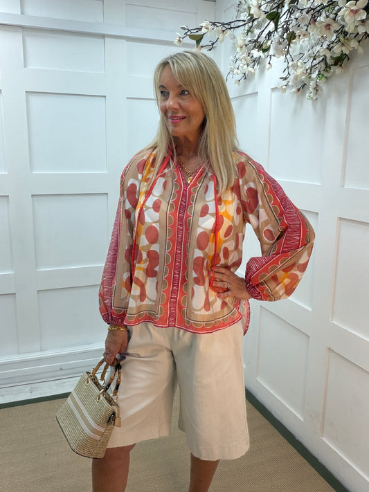 Blake: Geometric print long sleeve blouse. One size: 12-18. 3 colours