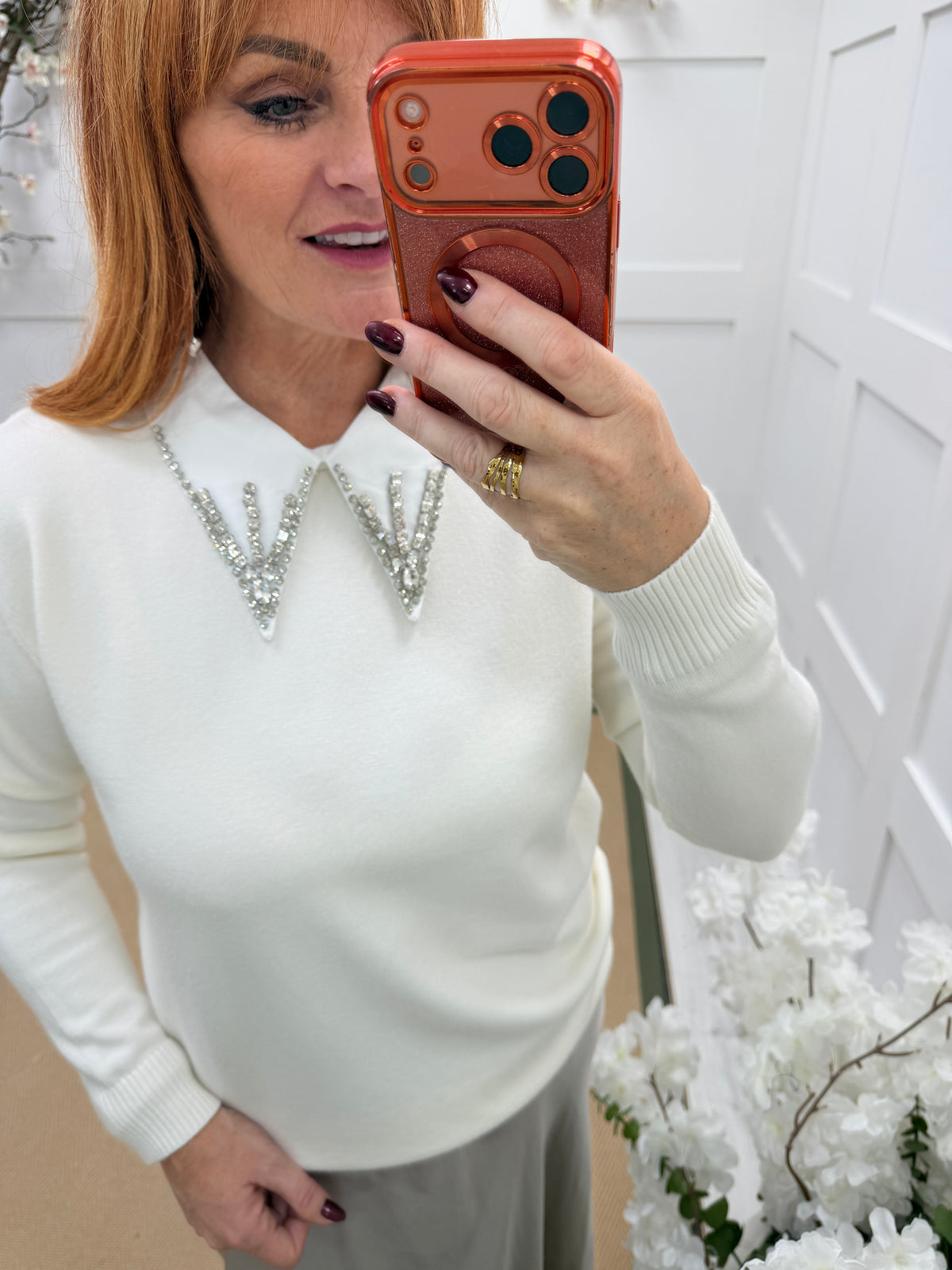 Kassia: Cream diamanté collar fine knit top. One size: 12-16