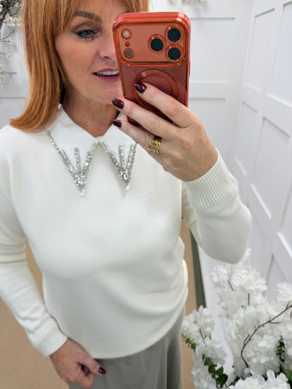 Kassia: Cream diamanté collar fine knit top. One size: 12-16