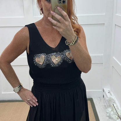 Viola: Black sequin heart stretchy vest top. One size: 12-18