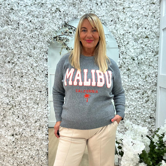 Melody: Grey textured MALIBU logo knitted top. One size 10-18