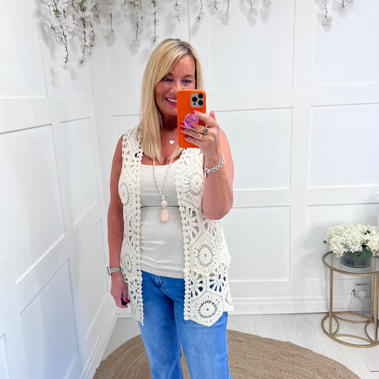 Willow: Cream crochet waistcoat with tie. One size: 8-16