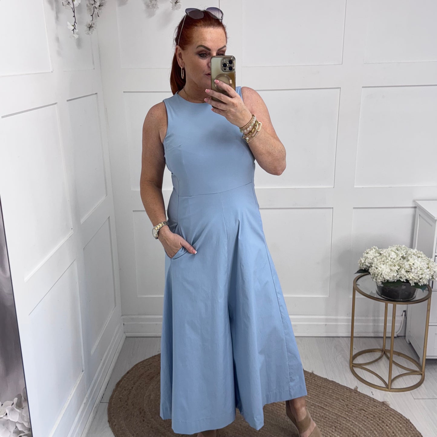 Tori: Baby blue wide leg pocket jumpsuit. One size: 10-14