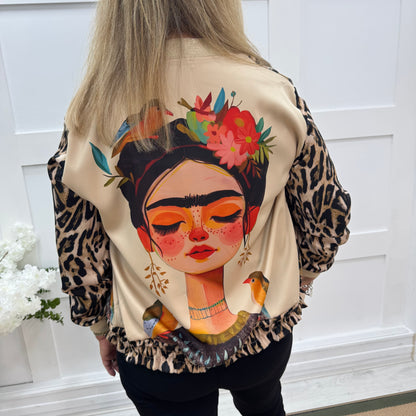 Beca: Silky gold Frida Kahlo printed bomber jacket. One size: 10-16