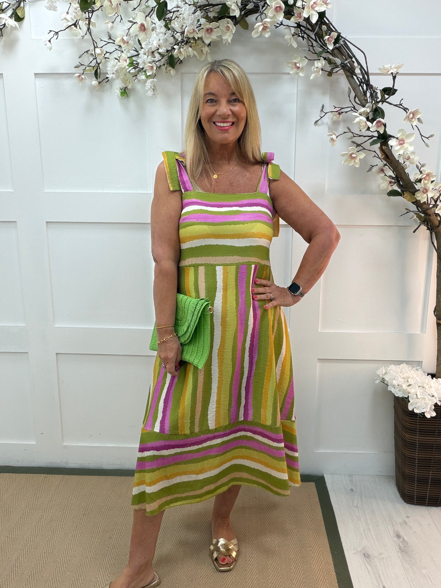 Sonia: Green striped midi dress with tie straps. One size: 10-16