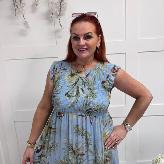 Sophia: Blue tropical print midi dress. One size 8-16/18