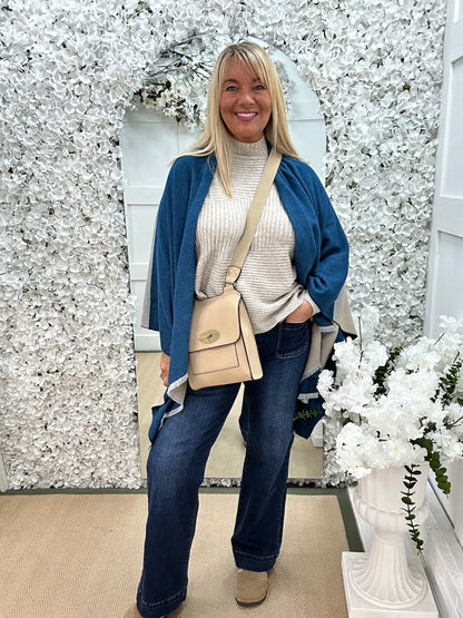 Nellie: Blue & cream wool blend cape. Free size